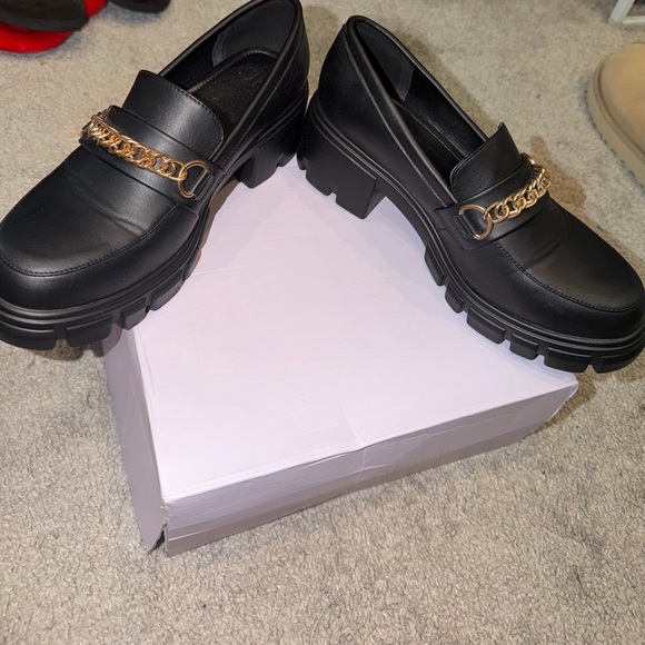 JustFab Black Loafers with Gold Chain Accent - Picture 2 of 7